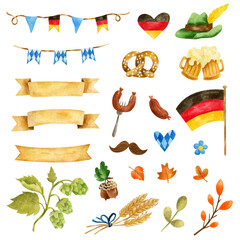 Watercolor set of October Festival elements - beer, pretzel, hops, wheat, flag of Germany, autumn leaves, hat, sausages. Germany elements.
