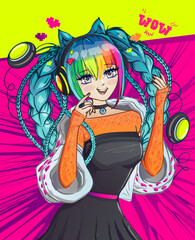 Anime girl with blue pigtails and rainbow bang, headphones and trendy fashion clothes. Digital girlish illustration. Manga teenager listening music. Asian school girl