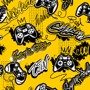 Fototapeta Abstract seamless gamepads pattern. Game pads repeat print on graffiti yellow endless background. Street art style Text Game on, let's Play. Gaming repeated wallpaper for boy clothes, sport textile