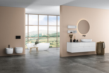 Modern bathroom interior with beige walls, ceramic basin with oval  mirror, bathtub and grey concrete floor. Minimalist beige bathroom with modern furniture. 3D rendering
