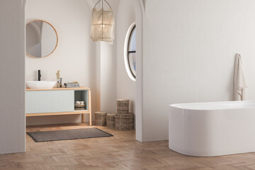 Fototapeta na wymiar Interior of minimal bathroom with white walls, wooden floor, bathtub, dry plants, white sink standing on wooden countertop and a oval mirror hanging above it. 3d rendering