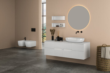 Fototapeta na wymiar Modern bathroom interior with beige walls, ceramic basin with oval mirror, bathtub and grey concrete floor. Minimalist beige bathroom with modern furniture. 3D rendering 