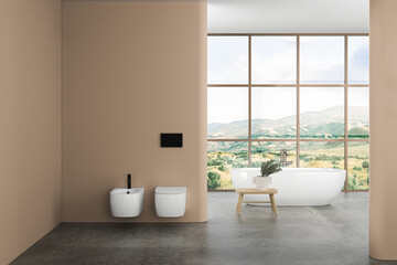 Modern bathroom interior with beige walls, ceramic basin with oval  mirror, bathtub and grey concrete floor. Minimalist beige bathroom with modern furniture. 3D rendering
