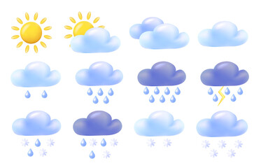 3d Vector weather icon set (sun, clouds, rain, snow). 