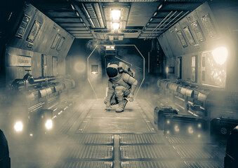astronaut is crouching in sci-fi spaceship background © DM7