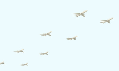 White planes in the sky. Jet flying in the air, turns, formation. 3d rendering on the topic of aviation, flights, travel. Modern minimal style.