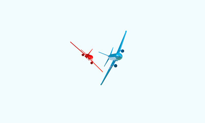 The red and blue aircraft are piloting, flying in the air. 3d rendering on the topic of aviation, flights, travel. Modern minimal style.