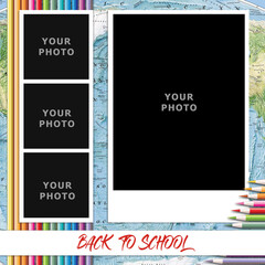 school photo frame to insert your photo on the background of the world map and colored pencils