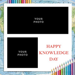 school photo frame to insert your photo on the background of the world map and colored pencils