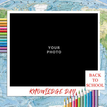 school photo frame to insert your photo on the background of the world map and colored pencils