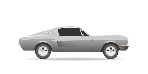 Realistic side view car. Grey model with wheels. 2d asset for game about hill racing. Flat vector car sprite illustration.