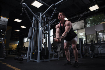 Ripped young bodybuilder doing chest cable crossover exercise at the gym, copy space - obrazy, fototapety, plakaty