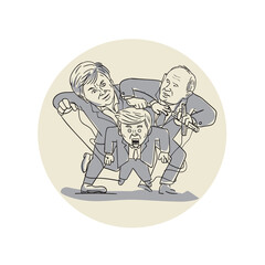 Fototapeta premium Puppeteers Fighting Over Puppet Oval Cartoon