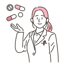 Vector illustration of a female pharmacist in a white coat smiling as she guides a pharmaceutical product onto her palm.