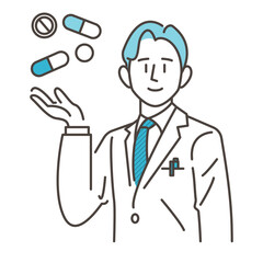 Vector illustration of a male pharmacist in a white coat smiling as he guides a pharmaceutical product onto his palm.