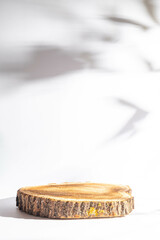  Wooden podium round saw cut of a tree on a white background. Still life for the presentation of products. abstract shadows