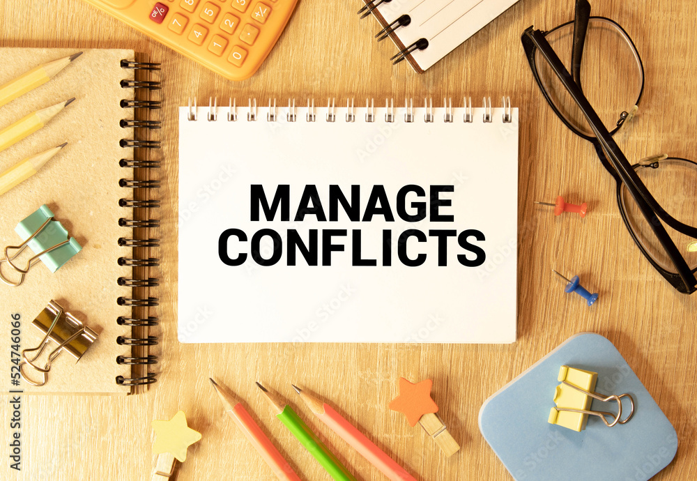 Poster business concept. notebook with text manage conflicts