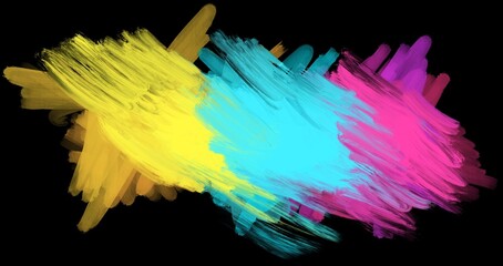 Abstract brush strokes. Bright pink, blue, yellow color. Black background.