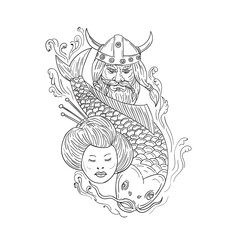 Viking Carp Geisha Head Black and White Drawing
