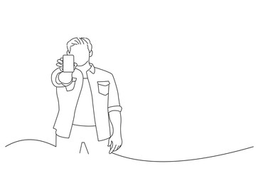 Cartoon of handsome young man holding smartphone, showing gadget to camera. Outline drawing style art