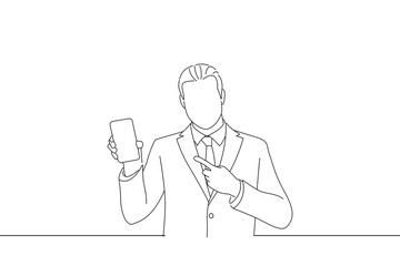 Drawing of excited businessman recommending to buy new digital gadget device. Line art style