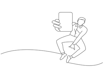Cartoon of smartphone with blank screen in jumping emotional businessman hand. Line art style