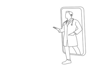 Drawing of Young Happy Male Doctor In White Uniform With Stethoscope Coming Out Big Cell Phone Screen Showing Free Copy Space. Outline drawing style art