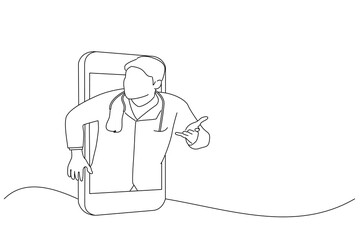 Illustration of telemedicine concept with doctor and smartphone. One line art