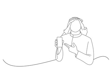 Cartoon of arab business man holding a phone for presentation. Line art style