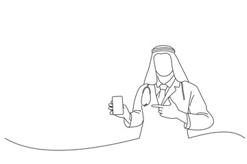 Cartoon of Arabian Doctor Man Showing Cellphone Empty Screen Standing Pointing Finger At Smartphone. Oneline art drawing style