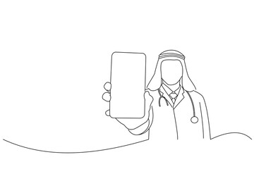 Cartoon of arabian doctor man holding smartphone vertical with copy text area for advertising on display. Line art style