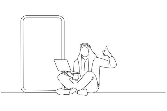 Drawing of cool young arab guy sitting with laptop pc near giant cellphone with blank screen, showing thumb up gesture. Oneline art drawing style