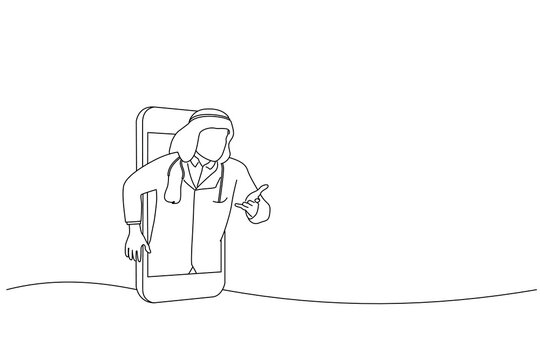 Cartoon of telemedicine concept with arabian doctor and smartphone. Oneline art drawing style