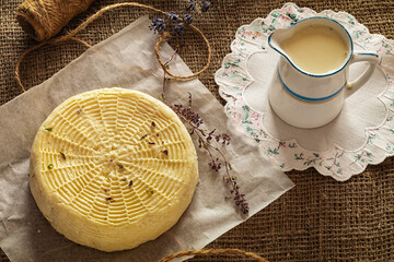 homemade wheel of cheese ang pitcher of milk on wooden table.