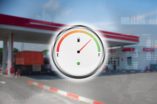 Gas station with fuel gauge for cars. Refill green in blur. Blurred photo for background.