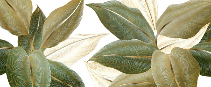 Luxury abstract art background with tropical leaves in line style. Botanical banner with exotic leaves for wallpaper, textile, packaging, decor, print.