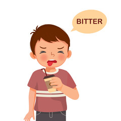 cute little boy holding coffee paper cup showing bitter taste of tongue five senses