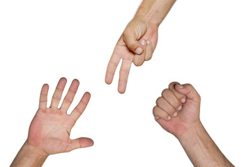 Close up of hands making sign as rock paper and scissors game good isolated on white background with copy space. Fighting and funny game for children. Collection, set of gesture of the sign hand