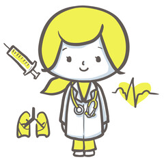 立ち姿のまじめそうな女性医師　黄色バージョン　検査背景あり