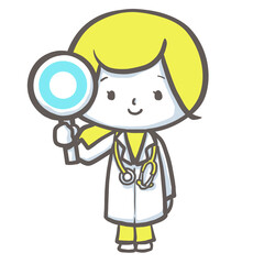 〇マークのプレートをもって解説する女性医師　黄色バージョン