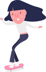 Young girl surf on skateboard or surf skate. Funny cartoon character.