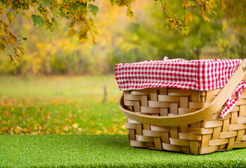 Ecological outdoor recreation, picnic. On a green lawn, a wicker basket for a picnic against the...