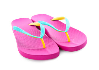 Pair of stylish pink flip flops isolated on white. Beach object