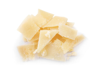 Pile of parmesan cheese pieces on white background, top view