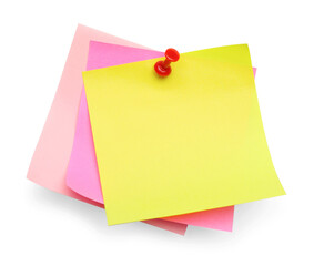 Blank colorful notes pinned on white background, top view