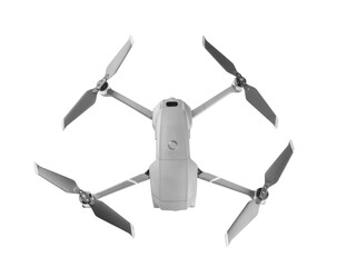 Modern drone with camera isolated on white, top view