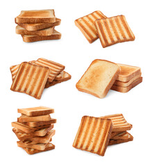Set with tasty toasted bread on white background