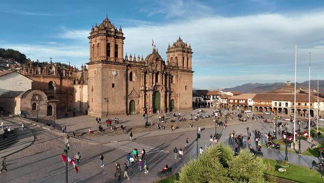 Aerial View of Cusco Peru with the historic downtown and Cathedral	