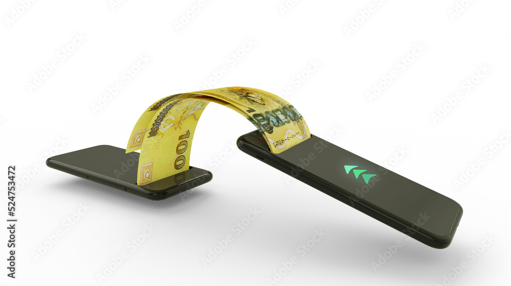 Poster 3d rendering of 100 fijian dollar notes transferring from one phone to another. mobile money transac