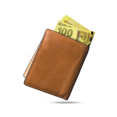 3D rendering of 100 Fijian dollar notes popping out of a brown leather men’s wallet. Fijian dollars in wallet